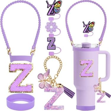 Imagem de ZYBIDEAL Conjunto de acessórios roxos de 8 peças para Stanley Cup, 3 peças de canudo de 10 mm, alça de silicone para garrafa de água, bota para Stanley 30 e 1,134 g, corrente com pingente de letra,