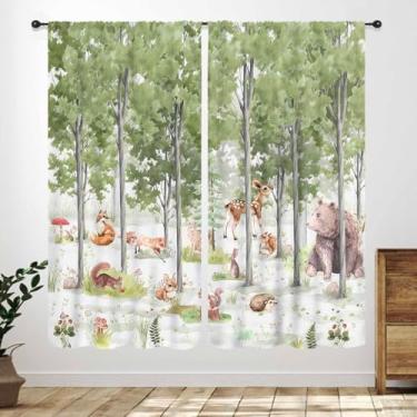 Imagem de Cortinas florestais para quarto de crianças, aquarela floresta selvagem urso raposa rústica, tratamentos de janela para bebês, meninos, meninas, quarto, sala de estar, berçário, 2 painéis, 106 x 113