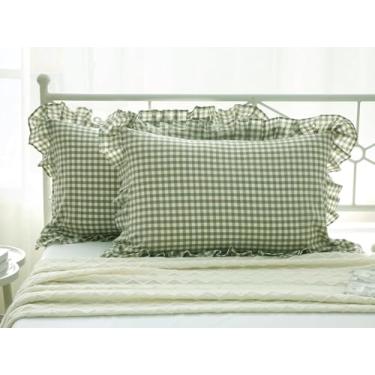 Imagem de Pacote com 2 fronhas xadrez verde sálvia branco babados fronhas xadrez guingão king size fronhas de algodão lavado casa de fazenda capas de travesseiro para cama/sofá (51 x 91 cm, xadrez verde