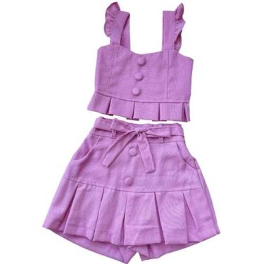 Imagem de conjunto infantil menina em linho short saia e cropped - COMART, Rosa 