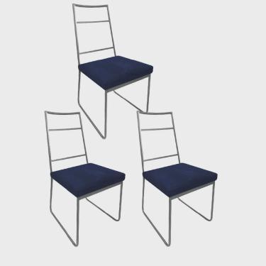Imagem de Kit 03 Cadeiras Sala de Jantar Escritório Office Stark Industrial Ferro Prata Suede Azul Marinho - Ahz Móveis