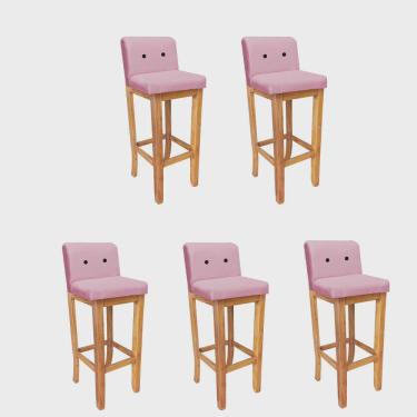 Imagem de Kit 05 Banqueta Alta Com Encosto Aila Balcão Bistrô Base Madeira Maciça Corino Rosa Bebê Botão Preto - Ahz Móveis