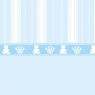 Imagem de Papel De Parede Listrado Azul Com Coroa E Urso Adesivo Bebê