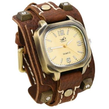 Imagem de MINILUJIA Relógios masculinos feitos à mão com corda de cera costurada vintage punk hip-hop gótico largo couro macio genuíno relógio de pulso personalizado mostrador quadrado bronze, Marrom escuro