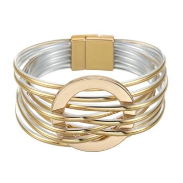 Imagem de LUREME Pulseira Boho Rock – Pulseira de poliuretano vintage de ouro/prata, pulseira larga grossa feita à mão para mulheres (bl003609), Standard, Poliuretano, Sem Pedra Preciosa