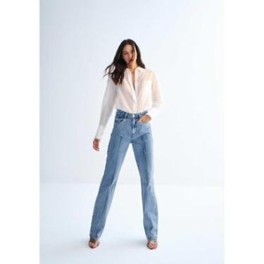 Imagem de Calça Jeans Reta Cintura Alta com Pedrarias Bolsos-Feminino