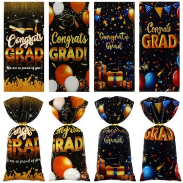 Imagem de Sacos de presente de celofane de formatura, 100 peças de sacolas de presente de festa de violoncelo de parabéns para graduados em ouro preto, saco de presente de biscoitos doces de plástico com laços