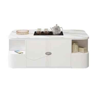 Imagem de Mesa de Chá Mesa de chá Kung Fu Voice Lift Mesa de chá de laje de pedra Mesa de centro moderna e multifuncional Mesa Lateral(Branco)
