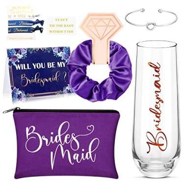 Imagem de Conjunto de 9 peças de presentes de pedido de dama de honra presentes de dama de honra Will You Be My Bridesmaid conjunto de taças de champanhe sem haste scrunchies para casamento, festa de despedida de solteira (retrô)