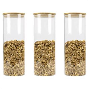 Imagem de Kit 3 Potes Herméticos Organizadores de Vidro Borossilicato Tampa de Bambu Biscoito Alimentos Condimentos Transparente