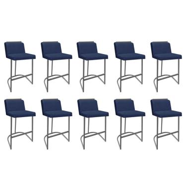 Imagem de Kit 10 Banquetas Com Encosto Confort Bistrô Cozinha Ferro Cinza Linho Azul Marinho Amey Decor