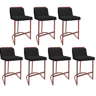Imagem de Kit 07 Banquetas Com Encosto Confort Bistrô Cozinha Ferro Bronze Suede Preto Amey Decor