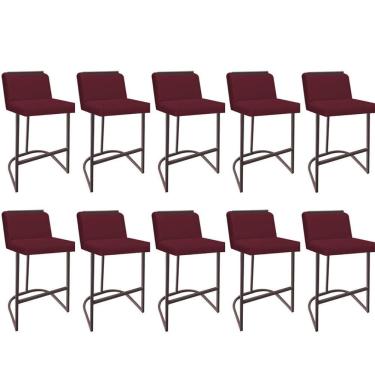 Imagem de Kit 10 Banquetas Com Encosto Confort Bistrô Cozinha Ferro Marrom Suede Bordô Amey Decor