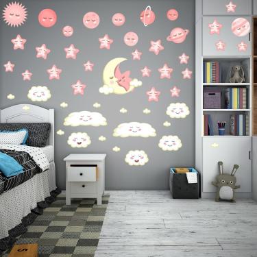 Imagem de Adesivo Parede Lua Estrelas Planetas Nuvem Universo Infantil Titulo Estrelas Rosas