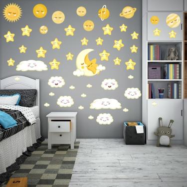 Imagem de Adesivo Parede Lua Estrelas Planetas Nuvem Universo Infantil Titulo Estrelas Amarelas