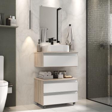 Imagem de Conjunto Gabinete Banheiro Creta 60cm (gabinete+espelheira+cuba) Madeirado Branco