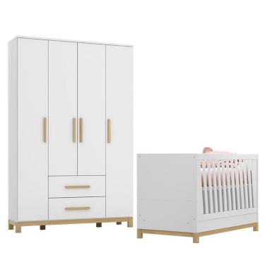 Imagem de Jogo De Quarto Infantil Com Guarda Roupa Estrela Cadente E Berço Alegria Branco Fosco - Móveis Henn Branco Fosco