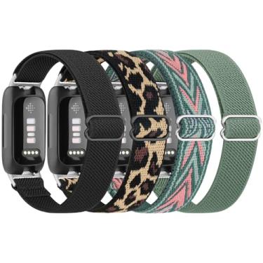Imagem de Pacote com 4 pulseiras elásticas para Fitbit Inspire 3 para mulheres e homens, pulseiras esportivas de reposição para Fitbit Inspire 3 Fitness Tracker (preto + leopardo + flecha + verde)