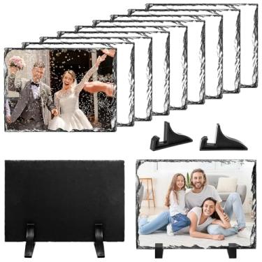 Imagem de Mdtrade 10 peças em branco de ardósia por sublimação, 19 cm x 14 cm, moldura de ardósia de pedra de transferência térmica com suporte de exibição, retangular para decoração de mesa, lembrança