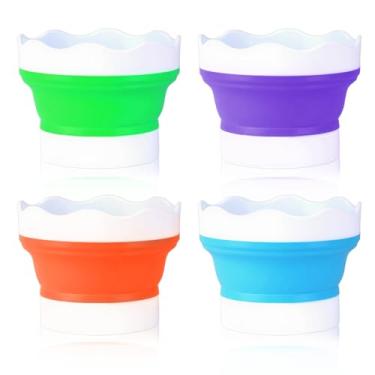 Imagem de Copo de tinta dobrável com 4 peças, copo de enxágue para limpeza de pincéis, balde de tinta dobrável portátil de silicone colorido para pintura a óleo em aquarela (verde, roxo, laranja, azul)