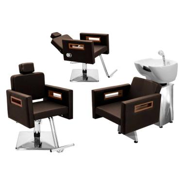Imagem de Kit Salão de Beleza 1 Cadeira Fixa + 1 Reclinável Quadrada + 1 Lavatório Base Inox Tunísia