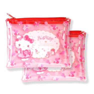 Imagem de MENBLY Mini bolsa plana transparente San-rio Japonesa, pacote com 2 - bolsa de maquiagem/cosméticos com estampa floral - compacta e durável - ideal para moedas, cartões, cosméticos, artigos de