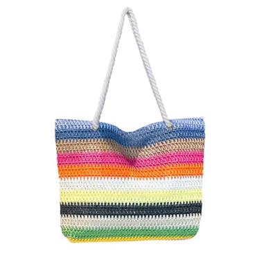 Imagem de Andiker Bolsas femininas de palha arco-íris 2025, bolsa de praia grande leve com zíper listrada de verão para mulheres, Preto
