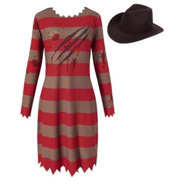 Imagem de PROMOTED TO BIG SISTER Fantasia feminina de assassino de pesadelo, fantasia assustadora de Halloween com chapéu (pequena)