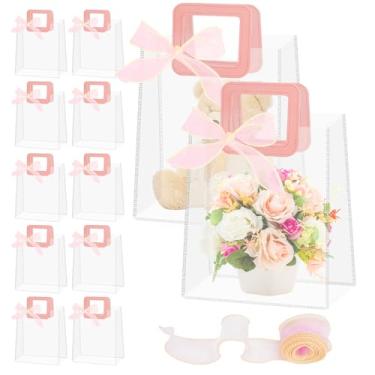 Imagem de CEYAZYE 12 sacos de presente transparentes com alças rosa, saco de embrulho de PVC transparente com fita, sacolas de plástico reutilizáveis para o dia das mães, compras, casamento, festa, aniversário