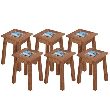 Imagem de Kit 06 Banquetas Baixas De Madeira Maciça Pinus Rústica Com Cerâmica Vintage W02 Imbuia