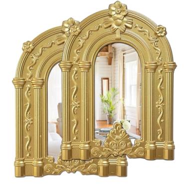 Imagem de ZEXUIRU 2 peças de espelho de parede de janela arqueada, decoração de casa de fazenda rústica, espelho com detalhes em madeira para sala de estar, banheiro, quarto, cozinha, 35 x 26 centímetros