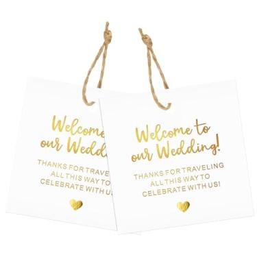 Imagem de joycraft Etiquetas de agradecimento de casamento com cordão, 50 peças de etiquetas douradas para lembrancinhas de festa, etiquetas de presente de agradecimento, 8,4 x 5,3 cm, bem-vindo às nossas