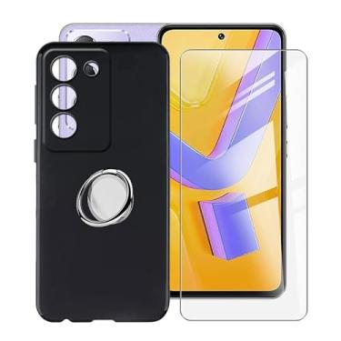 Imagem de YQINHHME Capa preta para Vivo V30 SE (6,7 polegadas) com 1 x vidro temperado + suporte de anel de metal para celular 360°, capa fina de silicone macio de grau militar TPU à prova de choque para Vivo