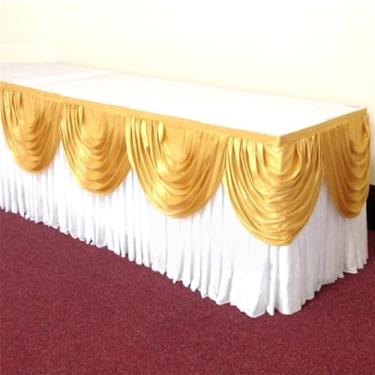 Imagem de Saia de mesa de seda prateada de 3 metros, inclui cortina, toalha de mesa para banquete, saia para festa de casamento, decoração para eventos, branca e dourada, 5,1 m de comprimento
