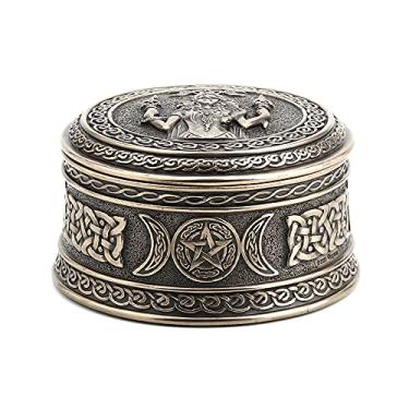 Imagem de Veronese Design Caixa de bugigangas redonda Hecate deusa de Chthonic de 6,5 cm de altura de resina bronzeada fundida a frio, feita à mão, colecionáveis, estatueta wiccana, armazenamento decorativo
