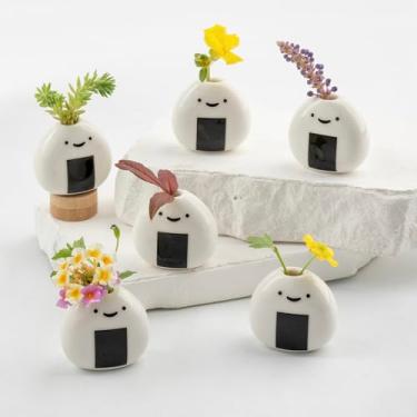 Imagem de 6 mini vasos de cerâmica feitos à mão – design de bola de arroz onigiri japonês para flores secas e caules pequenos, adorável mini decoração de mesa, presente exclusivo de artesanato japonês