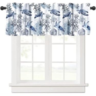 Imagem de Cortina náutica costeira, praia, oceano, tartaruga, coral, estampa coral, cortinas curtas, quarto, sala de estar, cozinha, café, bolso para varão, tratamento de janela, 1 conjunto de painéis 137 cm L