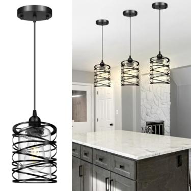 Imagem de GEFOUN Pacote com 3 lâmpadas pendentes Farmhouse, luminária pendente moderna em gaiola de acabamento preto, lustre industrial com vidro transparente, luz de suspensão ajustável para barra de entrada