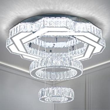 Imagem de xychfantligh Lustres de cristal de 57,1 cm para sala de estar, lustre moderno, luz de teto de cristal, 2 anéis, luz pendente para quarto, sala de jantar, entrada (branco frio)
