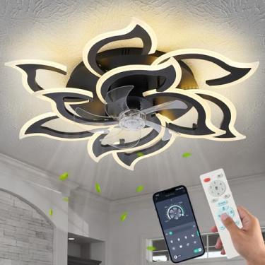 Imagem de Ventiladores de teto com luzes e controle remoto, ventilador de teto moderno de perfil baixo de 81 cm com controle de aplicativo, luzes LED reguláveis para ventilador de teto com montagem embutida