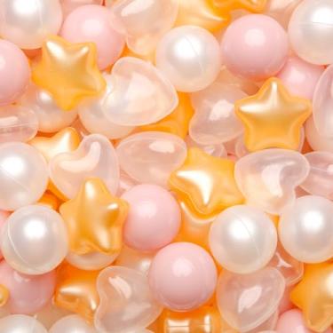 Imagem de GOGOSO Bolas de plástico para poços de bolas, formato de coração de estrelas para crianças pequenas, ouro rosa branco transparente, 100 peças