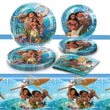 Imagem de Artigos de festa de aniversário Moana, 20 pratos, 20 guardanapos e 1 toalha de mesa para decorações de festa Moana