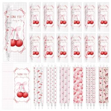 Imagem de Engrowtic 24 conjuntos de canetas retráteis com laço vermelho cereja vermelha com cartões de agradecimento para chá de bebê de volta às aulas, lembrancinhas de festa de aniversário