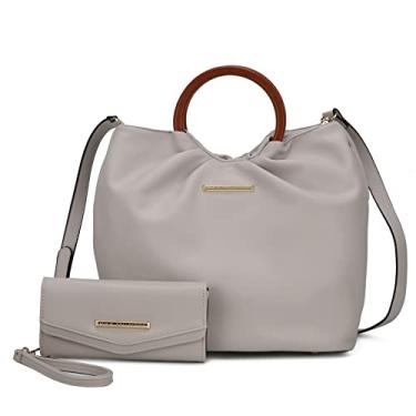 Imagem de MKF Collection Conjunto de bolsas femininas de couro vegano, alça superior circular de madeira, bolsa de ombro com carteira de pulso, Leilani cinza claro, Large