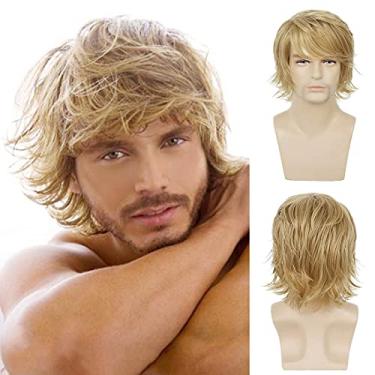 Imagem de Sallcks Peruca loira masculina, curta, loira em camadas, natural, sintética, para cosplay de Halloween, para homens