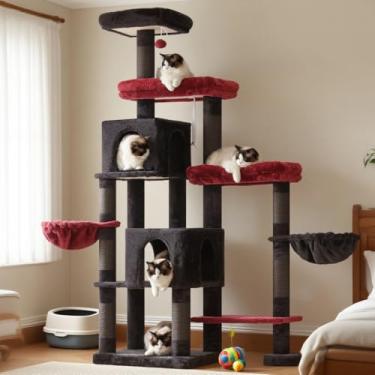 Imagem de Hey-brother Torre de árvore para gatos, postes arranhadores com uma parte estendida, plataformas amplas, condomínios aconchegantes, redes, colunas de sisal e bola para gatos internos, 177 cm, preto e