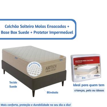 Imagem de Kit Colchão Ortobom Solteiro Molas Ensacadas + Cama Box Blindada Tecido Suede + Protetor de colchão Impermeável 88x188