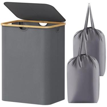 Imagem de Cesto de roupa suja Lifewit 150L com tampa, alças de bambu cinza