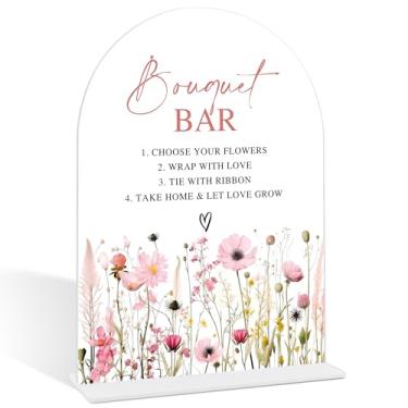 Imagem de Placa de bar buquê, placa de arco de acrílico estilo flor rosa com base, suprimentos de barra de flores, centros de mesa de chá de panela para mesas, decorações de recepção de casamento, decoração de