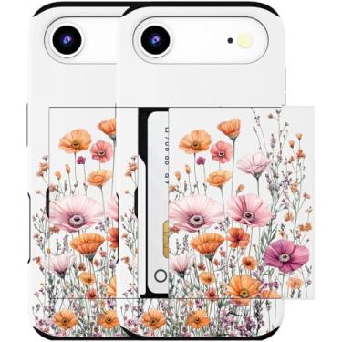 Imagem de MUQR Capa para celular 17 Air compatível com suporte de cartão fofo - Design Kawaii, proteção contra quedas de nível militar, capa carteira robusta para mulheres (campos de flores brancas e rosa)
